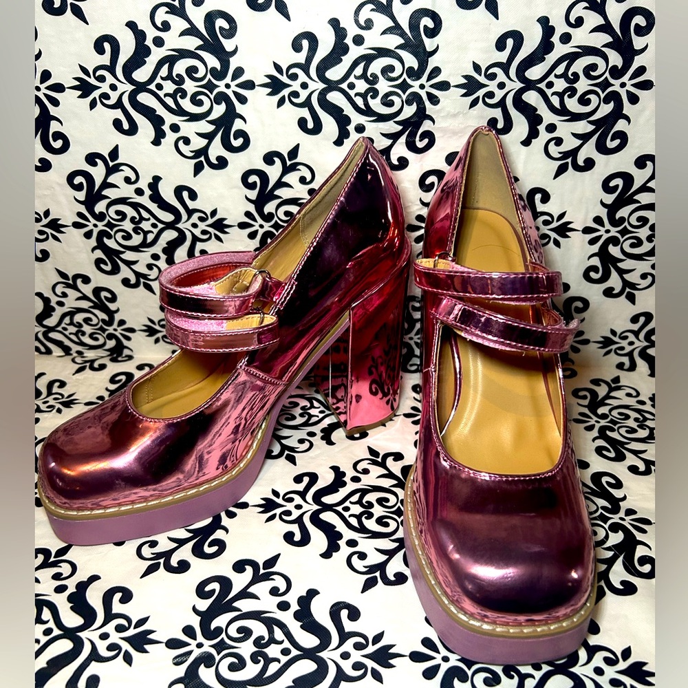 NWOT Pink Metallic Platform Heels Mary Jane - Picture 1 of 11